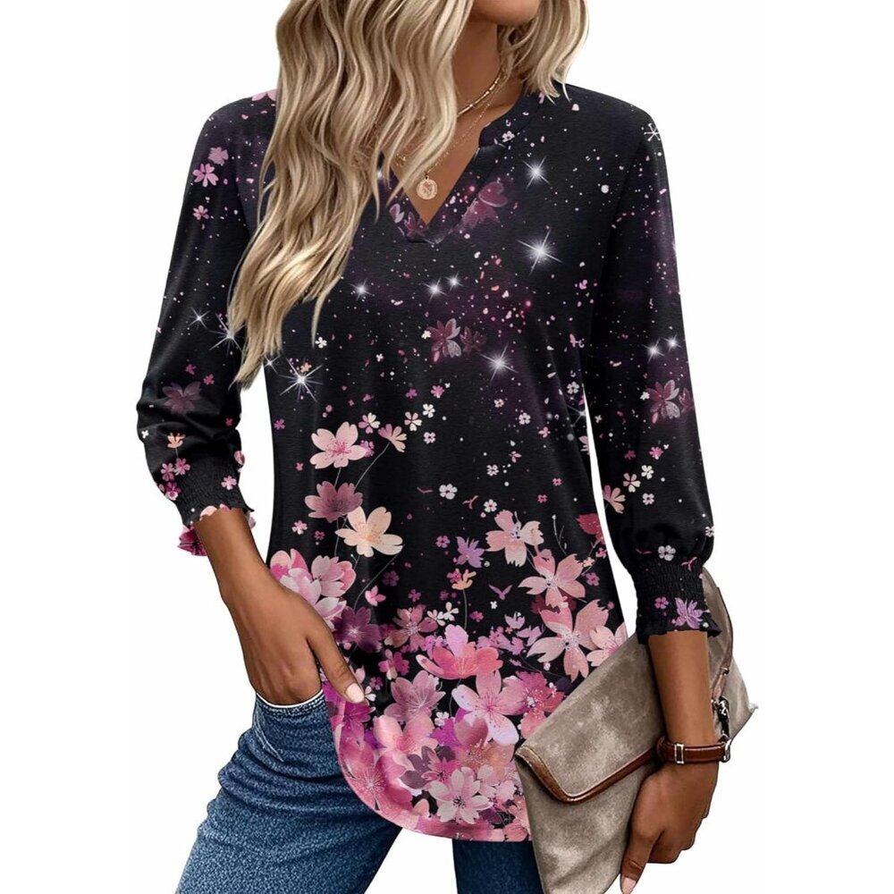 3/4 Length Sleeve Womens Tops 2025 Floral Womens Blouses V Neck TunicTops with S - Picture 1 of 6